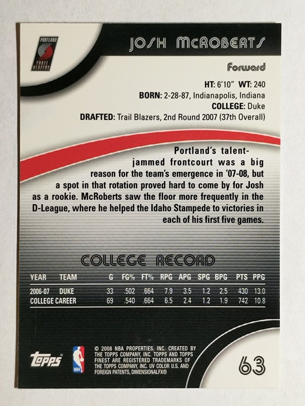 2007-08 Finest #63 Josh McRoberts RC