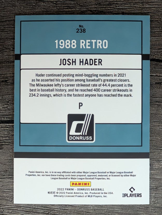 2022 Donruss #238 Josh Hader RETRO