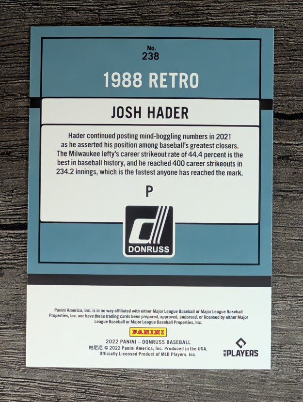 2022 Donruss #238 Josh Hader RETRO