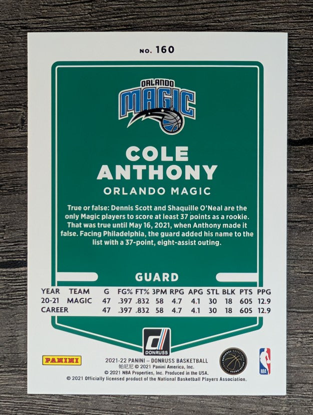 2021-22 Donruss #160 Cole Anthony