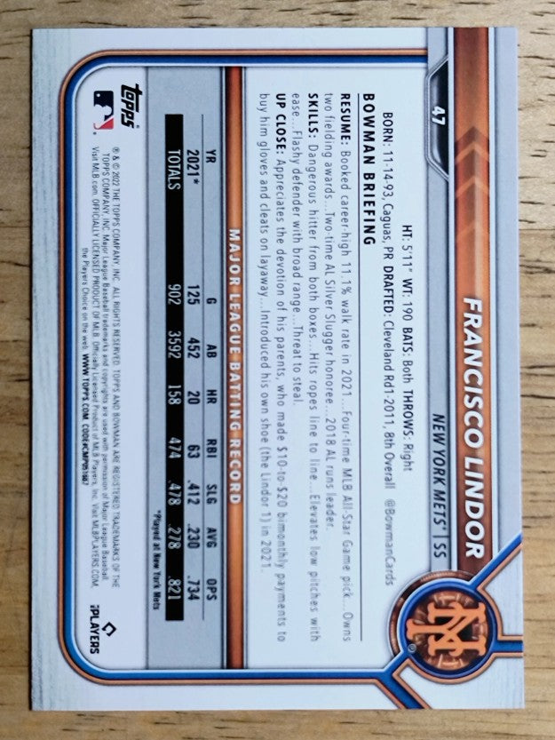 2022 Bowman #47 Francisco Lindor