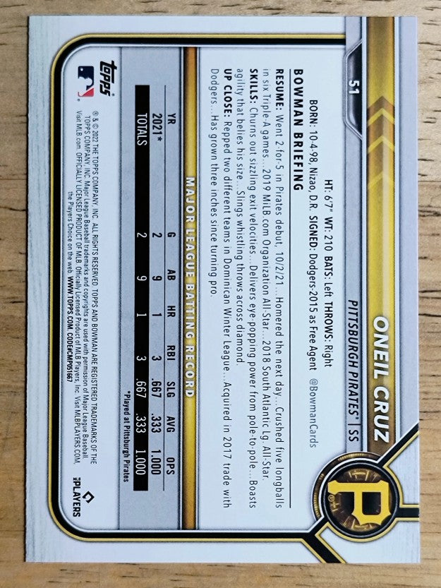 2022 Bowman #51 Oneil Cruz RC