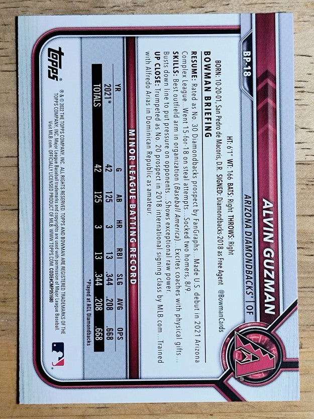 2022 Bowman Prospects #BP18 Alvin Guzman
