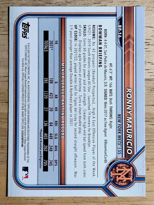 2022 Bowman Prospects #BP16 Ronny Mauricio