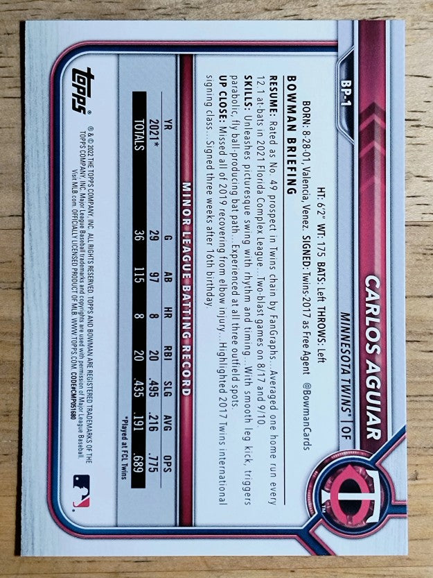 2022 Bowman Prospects #BP1 Carlos Aguiar
