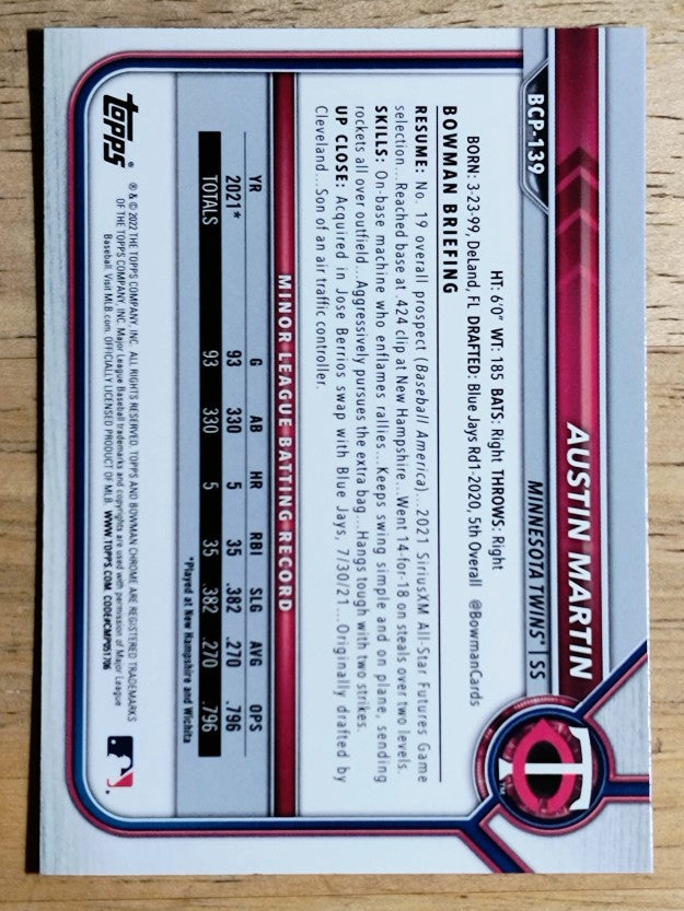 2022 Bowman Chrome Prospects #BCP139 Austin Martin