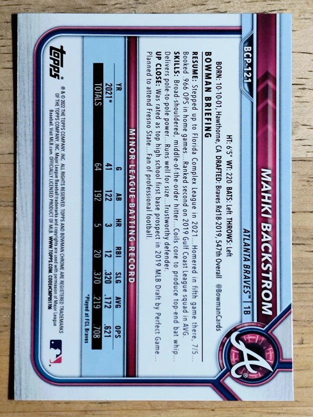 2022 Bowman Chrome Prospects #BCP121 Mahki Backstrom
