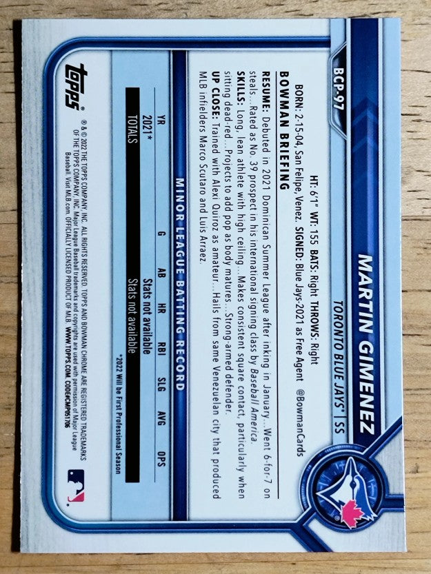 2022 Bowman Chrome Prospects #BCP97 Martin Gimenez