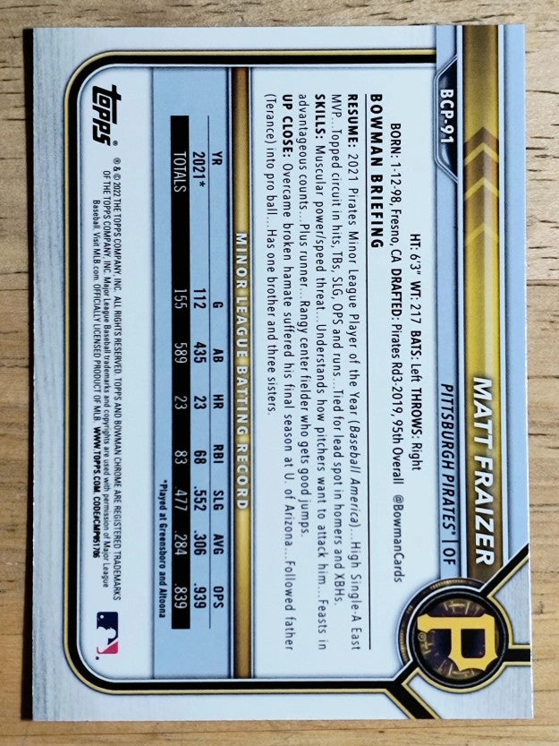 2022 Bowman Chrome Prospects #BCP91 Matt Fraizer