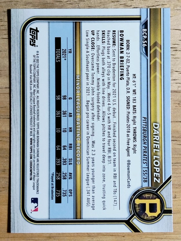 2022 Bowman Chrome Prospects #BCP56 Dariel Lopez