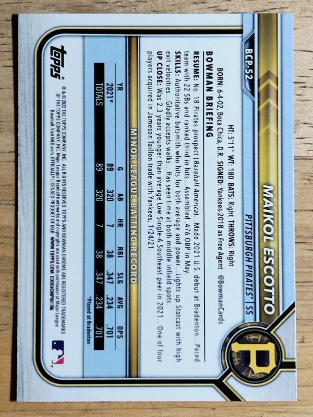 2022 Bowman Chrome Prospects #BCP52 Maikol Escotto