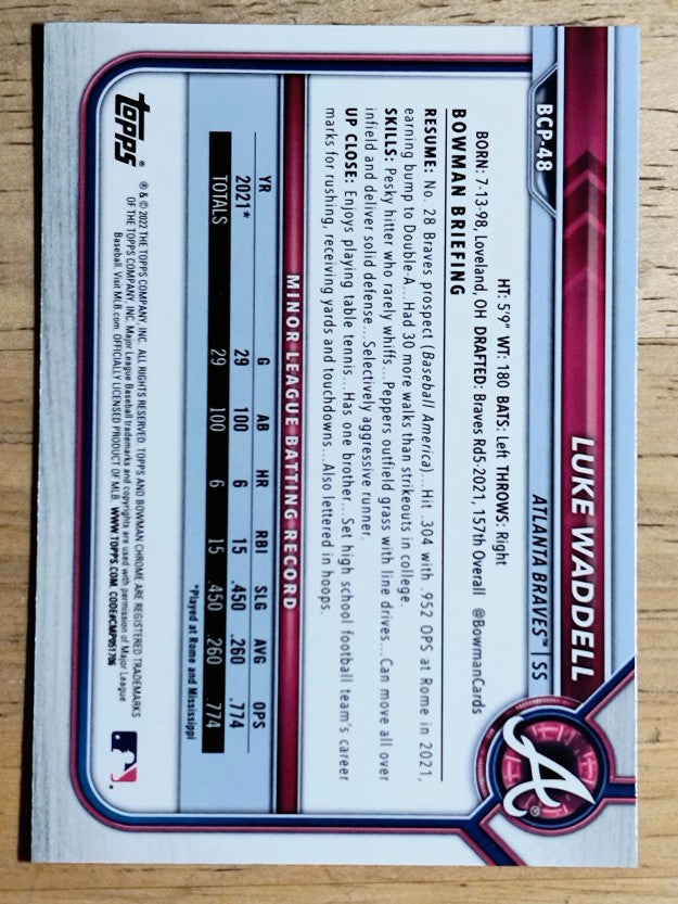 2022 Bowman Chrome Prospects #BCP48 Luke Waddell