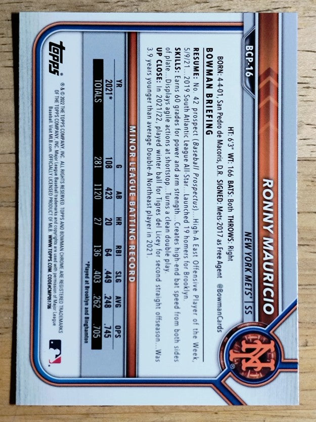 2022 Bowman Chrome Prospects #BCP16 Ronny Mauricio