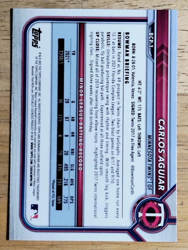 2022 Bowman Chrome Prospects #BCP1 Carlos Aguiar