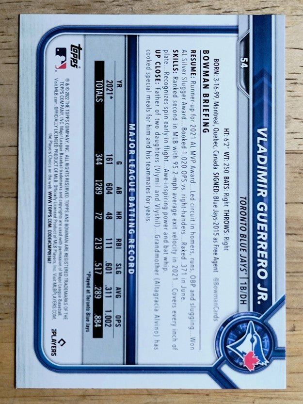 2022 Bowman #54 Vladimir Guerrero Jr.