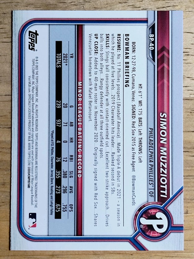 2022 Bowman Prospects #BP40 Simon Muzziotti