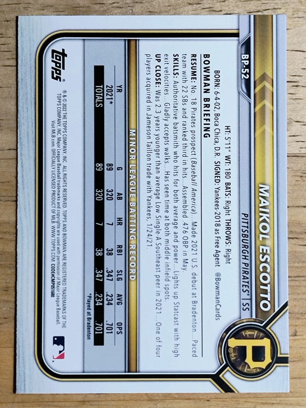 2022 Bowman Prospects #BP52 Maikol Escotto