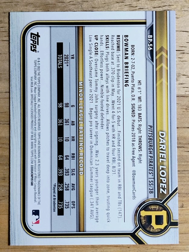 2022 Bowman Prospects #BP56 Dariel Lopez