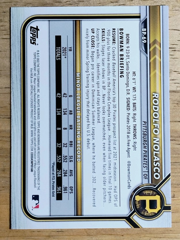 2022 Bowman Prospects #BP69 Rodolfo Nolasco