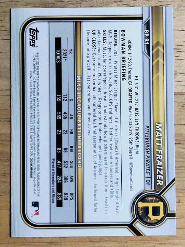 2022 Bowman Prospects #BP91 Matt Fraizer