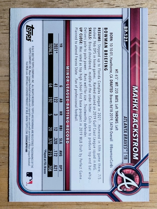 2022 Bowman Prospects #BP121 Mahki Backstrom