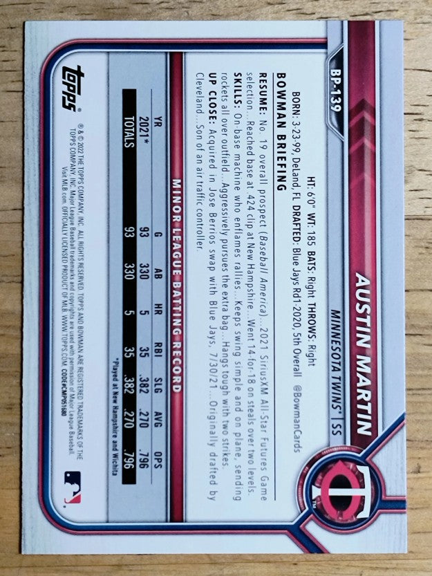 2022 Bowman Prospects #BP139 Austin Martin