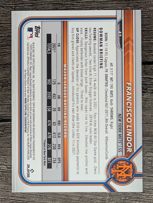 2022 Bowman #47 Francisco Lindor