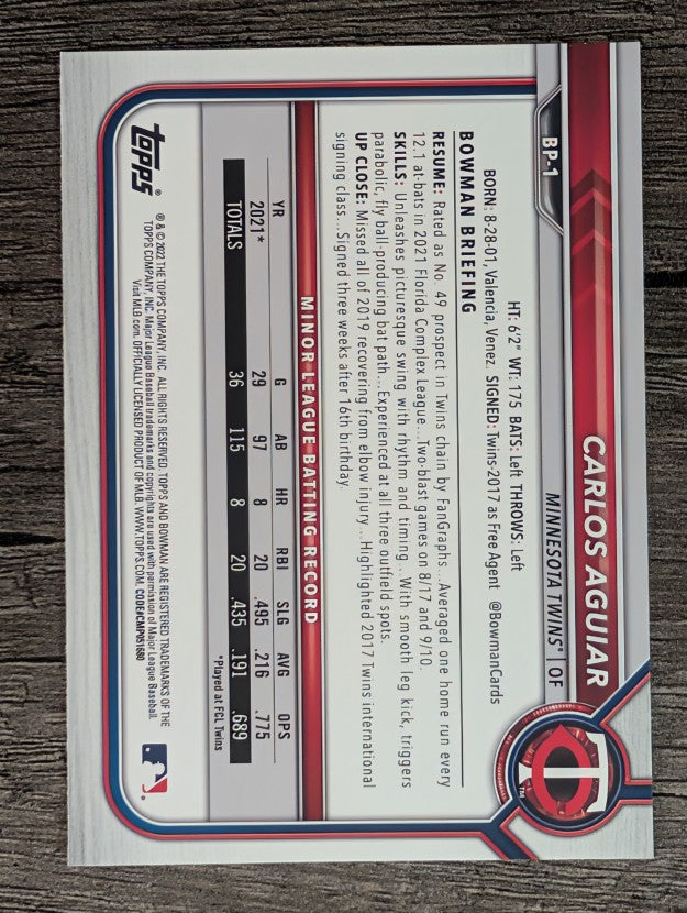 2022 Bowman Prospects #BP1 Carlos Aguiar