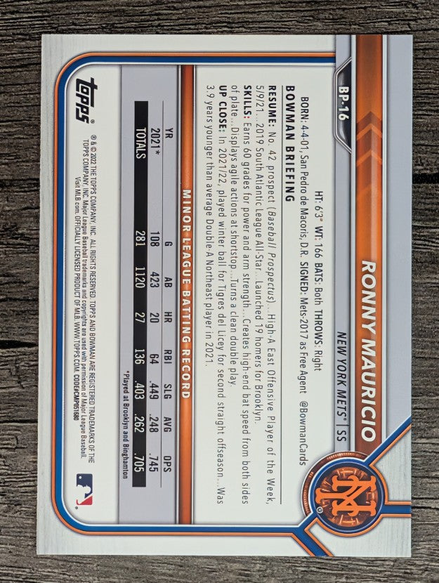 2022 Bowman Prospects #BP16 Ronny Mauricio
