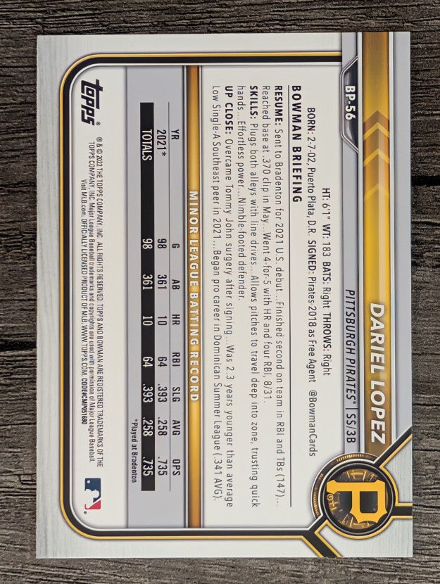 2022 Bowman Prospects #BP56 Dariel Lopez