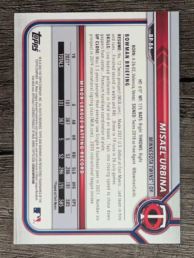 2022 Bowman Prospects #BP86 Misael Urbina