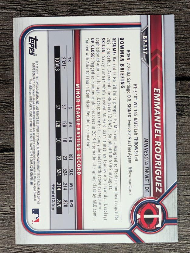 2022 Bowman Prospects #BP117 Emmanuel Rodriguez