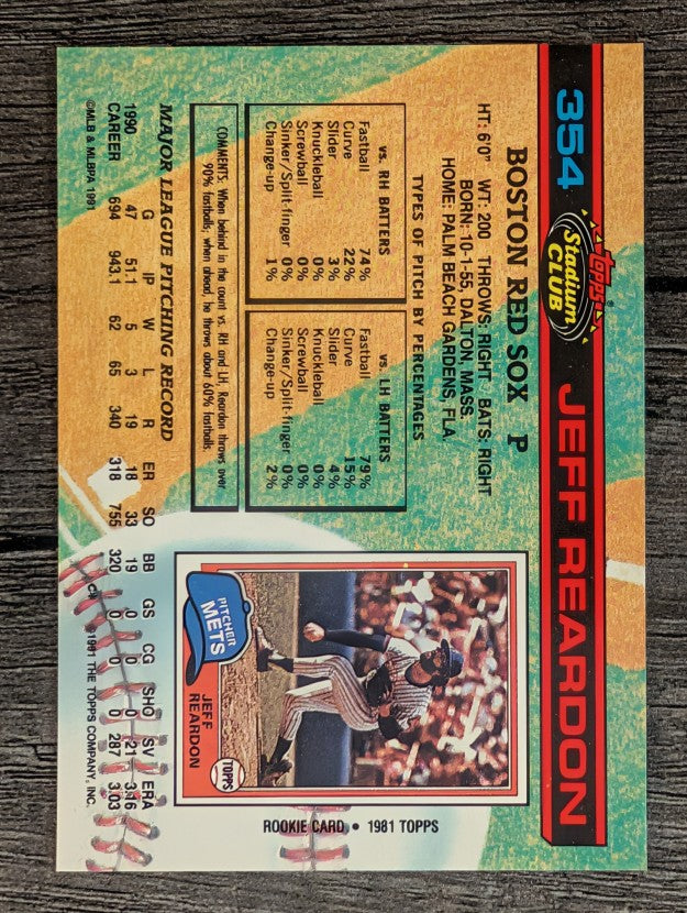 1991 Stadium Club #354 Jeff Reardon