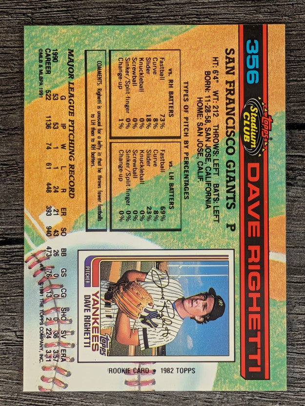 1991 Stadium Club #356 Dave Righetti