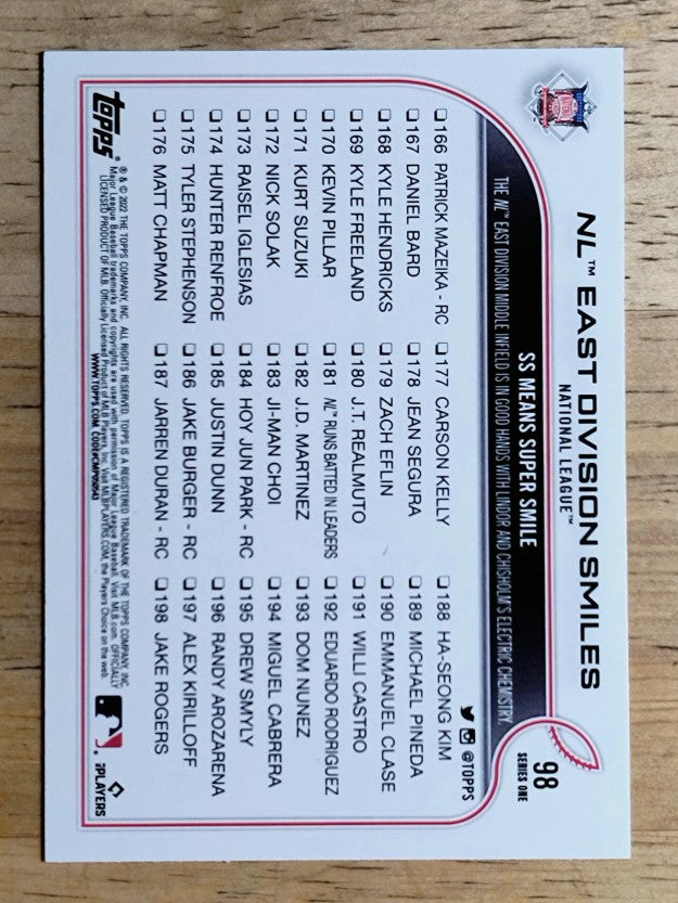2022 Topps #98 NL East Division Smiles/Jazz Chisholm/Francisco Lindor