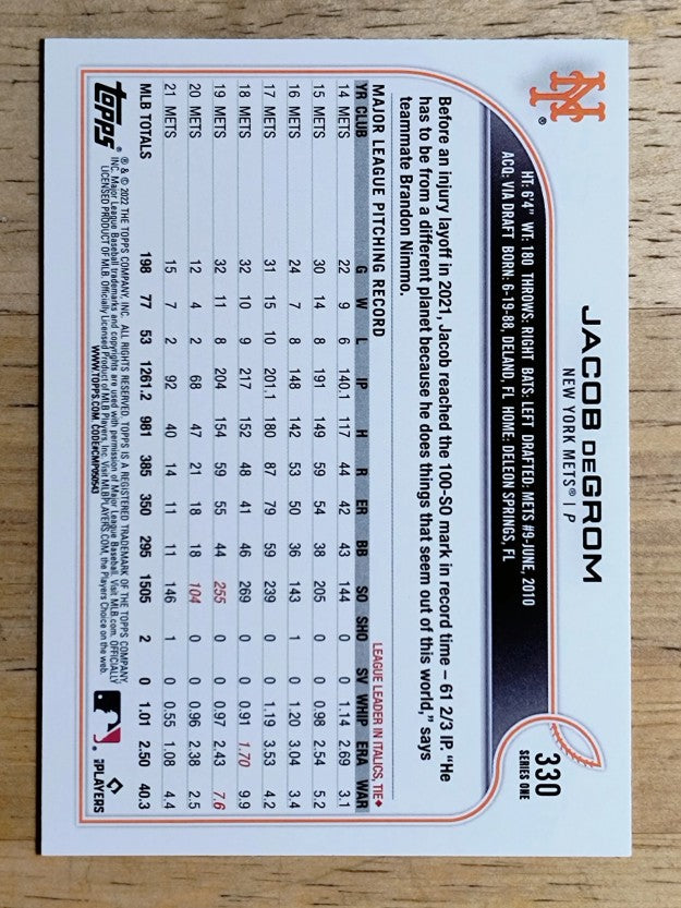 2022 Topps #330 Jacob deGrom