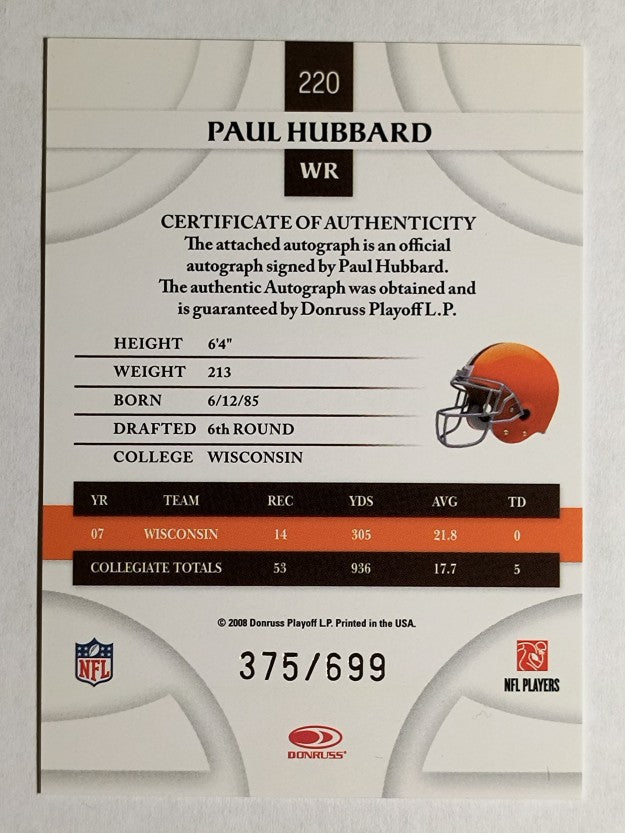 2008 Donruss Threads #220 Paul Hubbard AU/699 RC