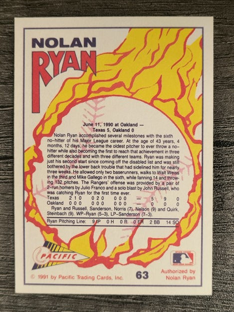 1991 Pacific Ryan Texas Express I #63 Nolan Ryan/Last Pitch No-Hitter Number 6
