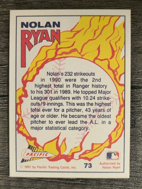 1991 Pacific Ryan Texas Express I #73 Nolan Ryan/232 Strikeouts in 1990