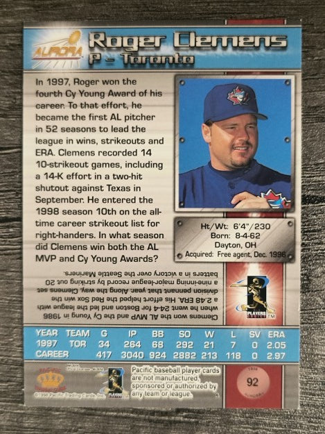 1998 Aurora #92 Roger Clemens
