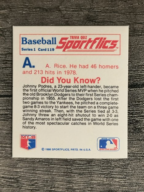 1986 Sportflics Trivia #119 Baseball Trivia Quiz