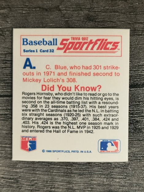 1986 Sportflics Trivia #32 Baseball Trivia Quiz