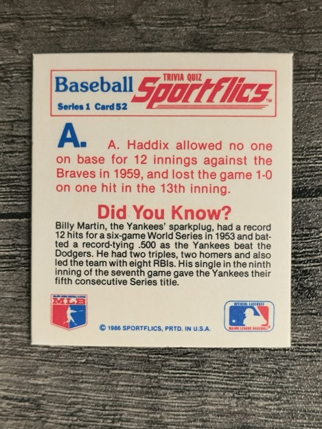 1986 Sportflics Trivia #52 Baseball Trivia Quiz