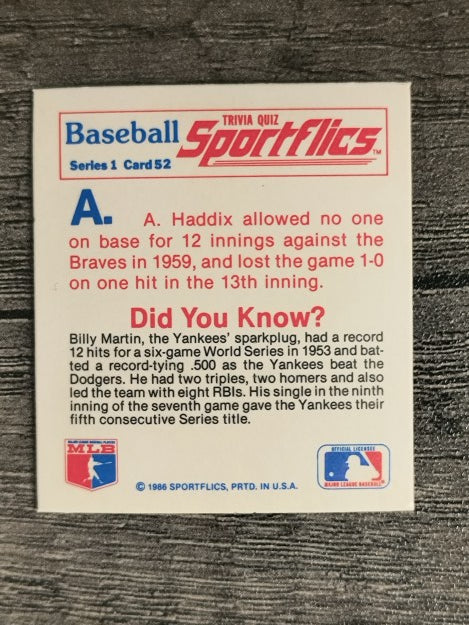 1986 Sportflics Trivia #52 Baseball Trivia Quiz