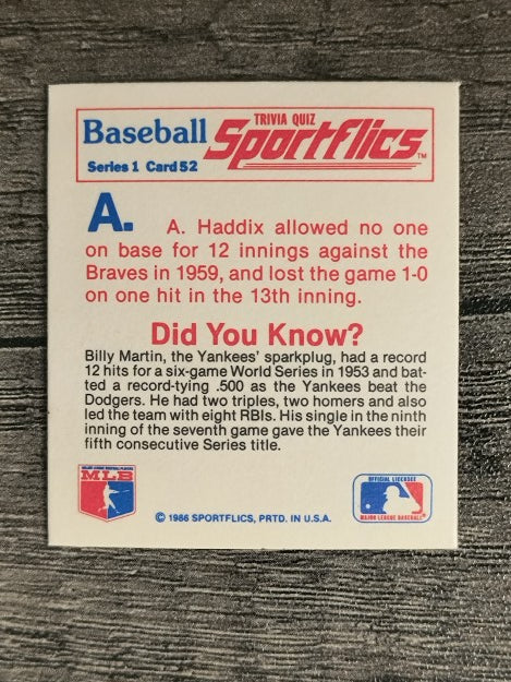 1986 Sportflics Trivia #52 Baseball Trivia Quiz
