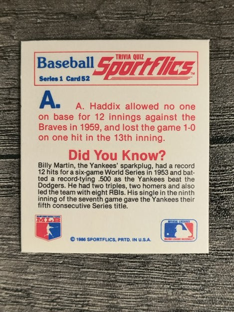 1986 Sportflics Trivia #52 Baseball Trivia Quiz