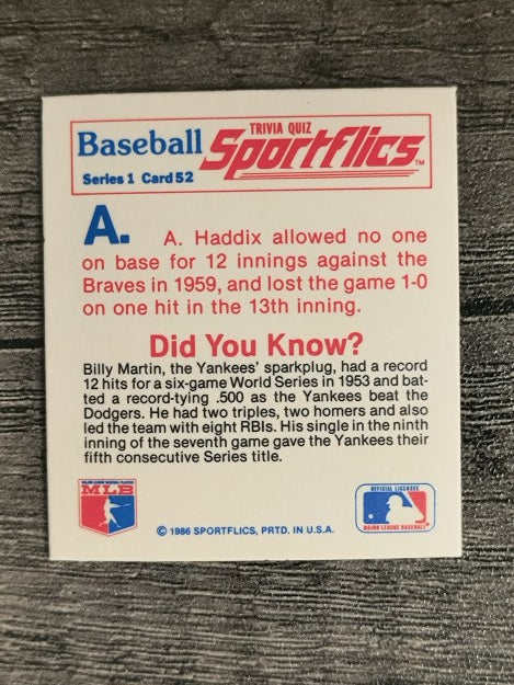 1986 Sportflics Trivia #52 Baseball Trivia Quiz