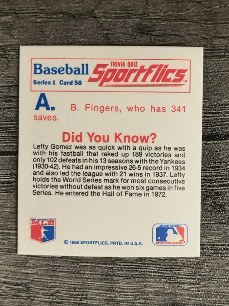 1986 Sportflics Trivia #58a Baseball Trivia Quiz/Rollie Fingers answer