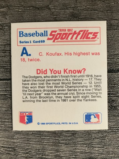 1986 Sportflics Trivia #69 Baseball Trivia Quiz