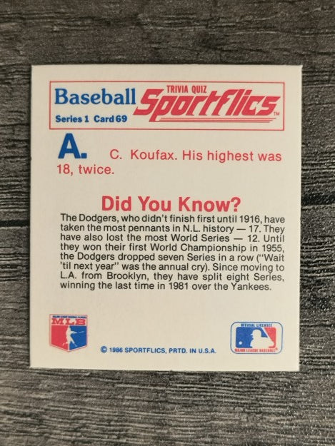 1986 Sportflics Trivia #69 Baseball Trivia Quiz